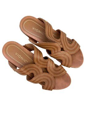 Vionic Women's Size 8.5 Malorie Tan Raffia Wedge Leather Wave Stitch Sandals